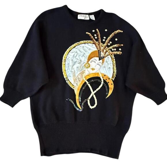 Vintage Bonnie Boerer PRÊT Art Deco Sweater Medium – Sequin Flapper Face Knit - Picture 1 of 7